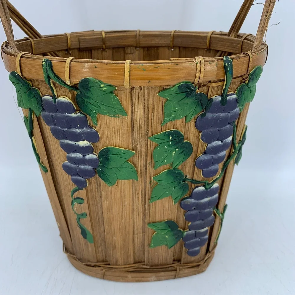 Vtg Woven Bamboo Grape Basket Cottagecore Painted Fruit Decor Rustic Country